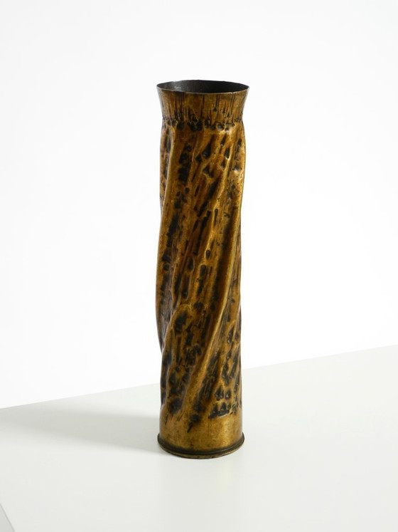 Image 1 of Unique large brass vase in a Brutalist design, handcrafted in December 1975