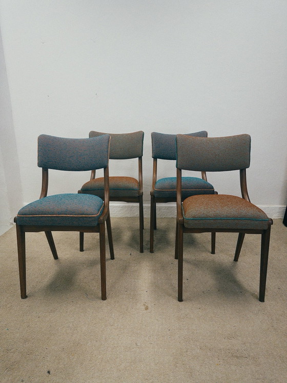 Mid century eetkamerstoelen, Hout, Textiel, Turquoise (foto 3 van 9)