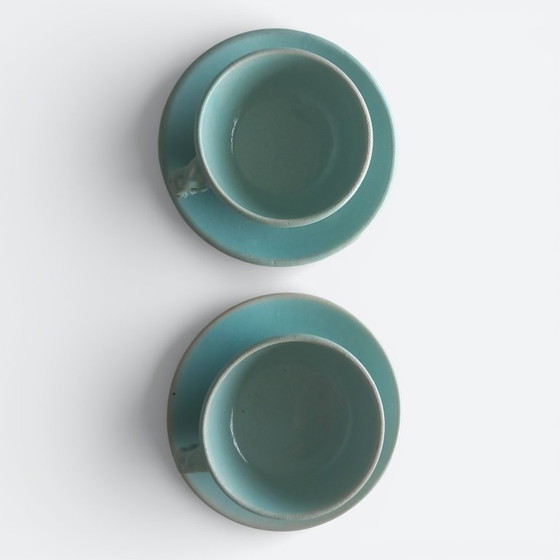 Image 1 of Set van 2 mid-century (1960-1970) handgedraaide steengoed kop-en-schotel sets – studio keramiek 