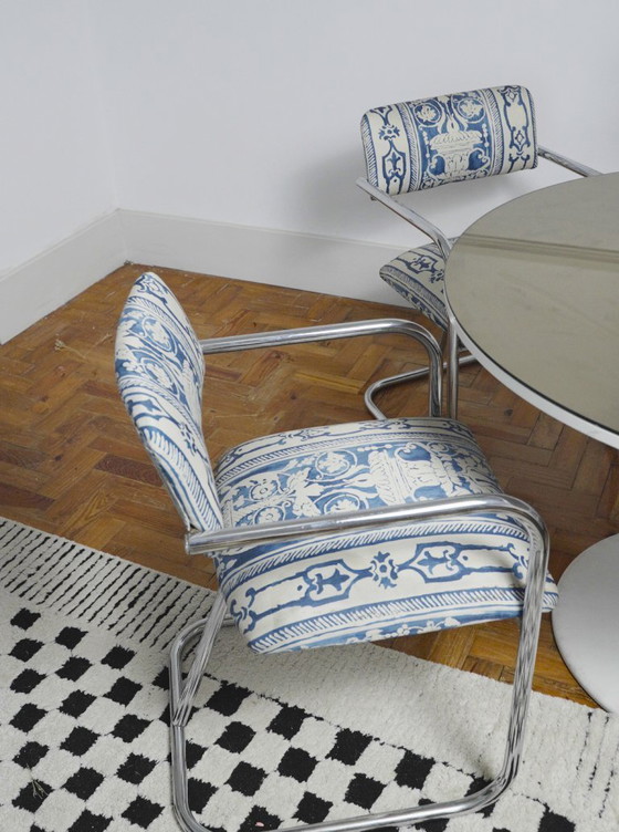 Image 1 of Bauhaus Cantilever Chairs, Portuguese Blue and White Tile Azulejo Upholstery Dining Chairs, Chromed Steel Frame Seating Set of 2
