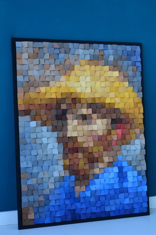Van Gogh en pixels - Portrait en mosaïque de bois