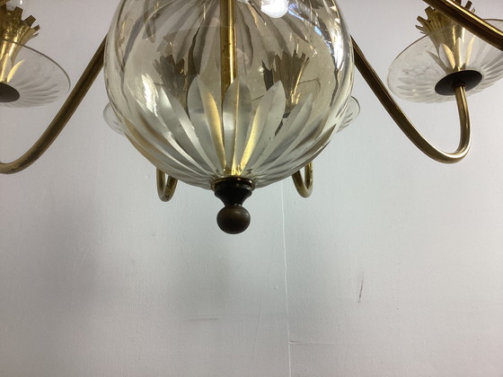 Image 1 of Grande lampadario vintage Chandolier degli anni Cinquanta in vetro e rame 