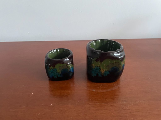 Arnhemsche Fayencefabriek - Due candelieri quadrati in terracotta lucida in stile Art Nouveau