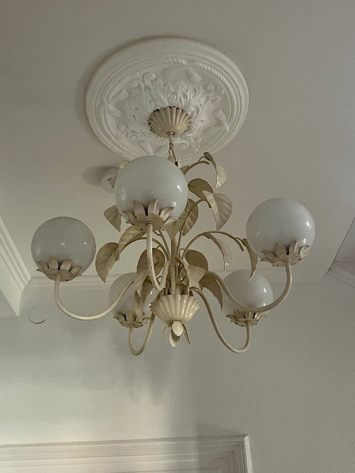 Rarity! Original Art Nouveau lamp, lamp, pendant lamp, ceiling lamp, pendant lamp opal glass with leaf motif 1920