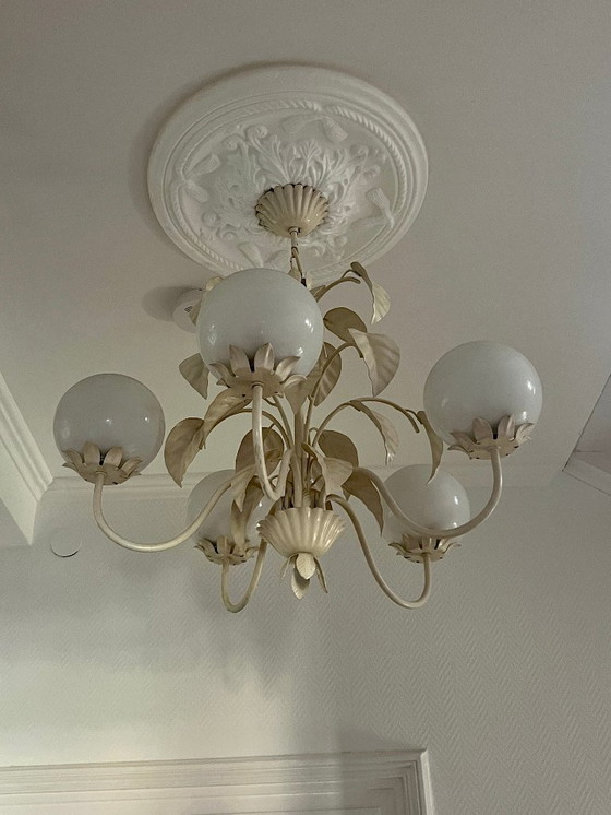 Image 1 of Rarità! Lampada originale Art Nouveau, lampada a sospensione, lampada da soffitto, lampada a sospensione, vetro opalino con moti