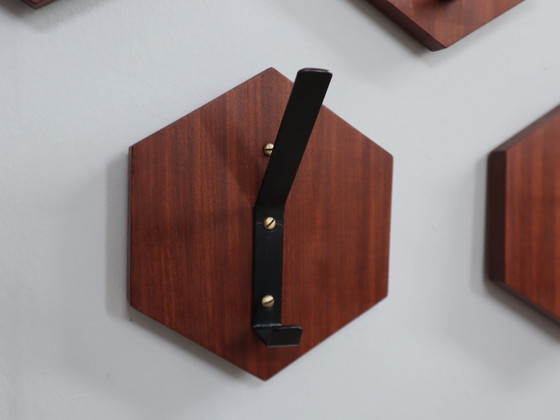 Image 1 of Set of 7 Vintage Teak Wall Hooks 1950s Modular Hexagonal Design