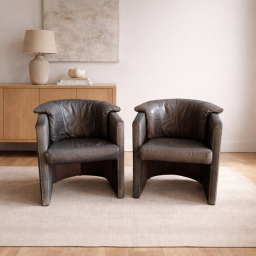 Rolf Benz Model 390 Club armchairs in gray leather, set of 2