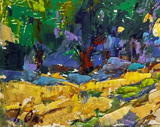 Image 1 of Original Oil Painting Summer Field Landscape Walking a cow in a field