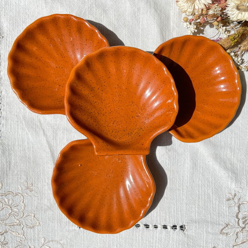 4 Plats Vintage Emile Henry en Céramique Mouchetée Coquille Saint-Jacques, Fabriqués en France 1950