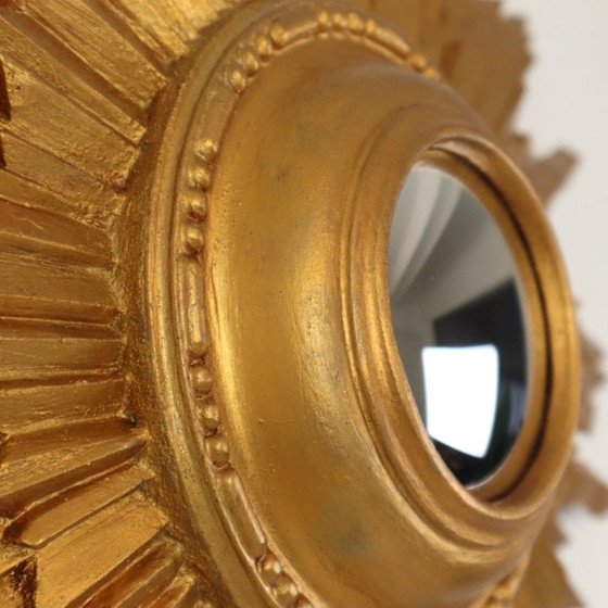 Image 1 of Vintage Houten Zonnespiegel Sunburst Convex Goud 46cm