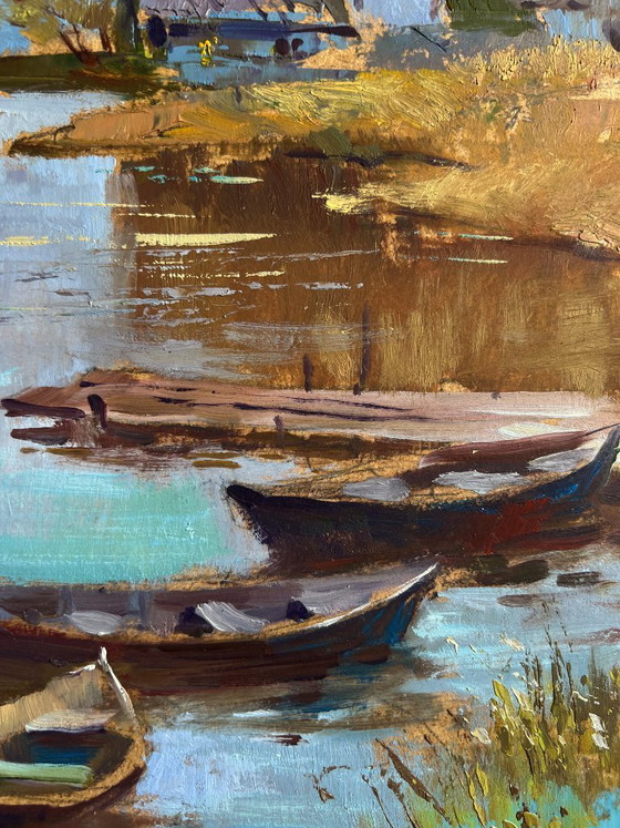 Image 1 of Origineel olieverfschilderij: Herfstlandschap van een dorp. Er is een jachthaven in het dorp.