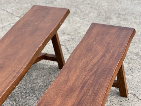 Image 1 of Pair of vintage solid wood benches from the 1960s
