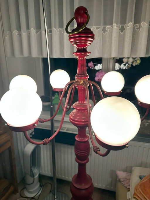 Vintage Candelabra Wooden Floor Lamp Red 6-light Replacement Glass Spheres