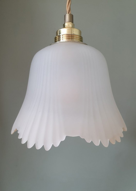 Image 1 of Lampe suspendue florale vintage en verre dépoli des années 1940-50.