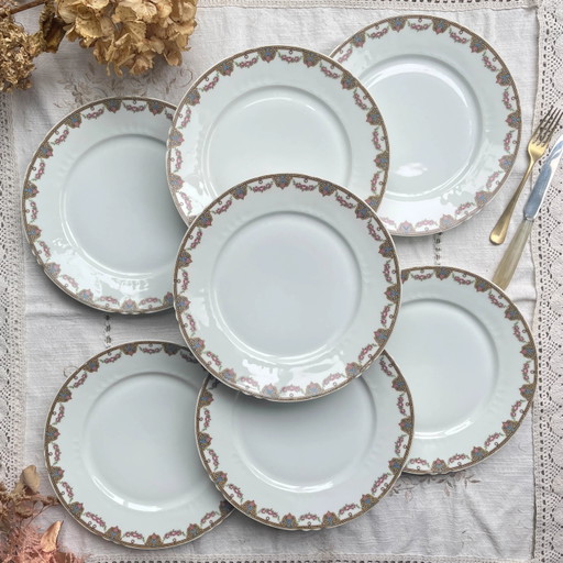 7 Platos Llanos de Porcelana de Limoges con Motivo Floral