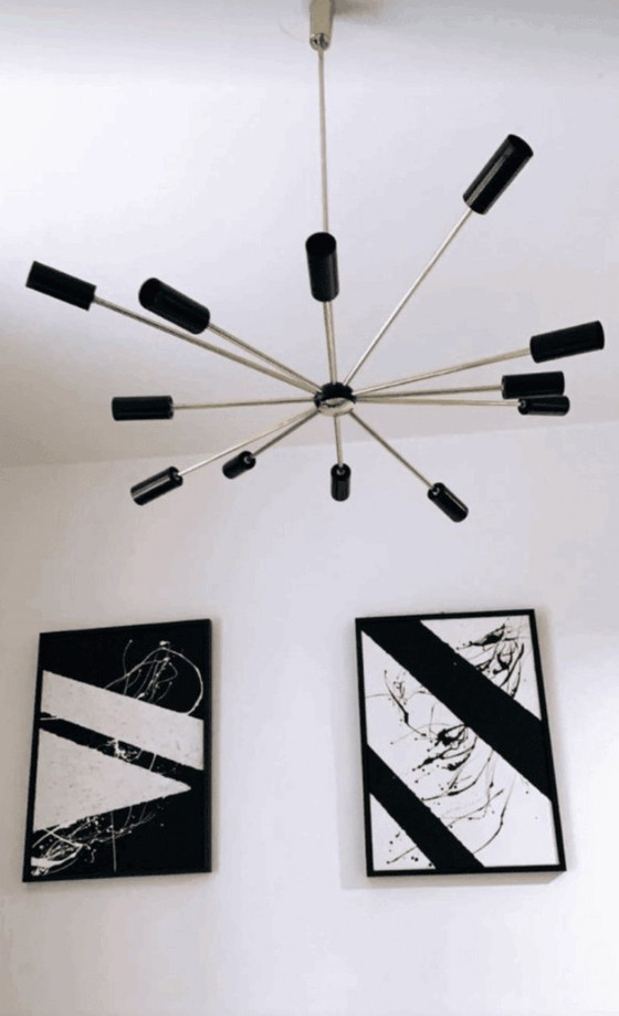 Lámpara de araña Sputnik, metal negro y dorado, Lámparas de araña, Mid Century Modern (foto 5 de 5)
