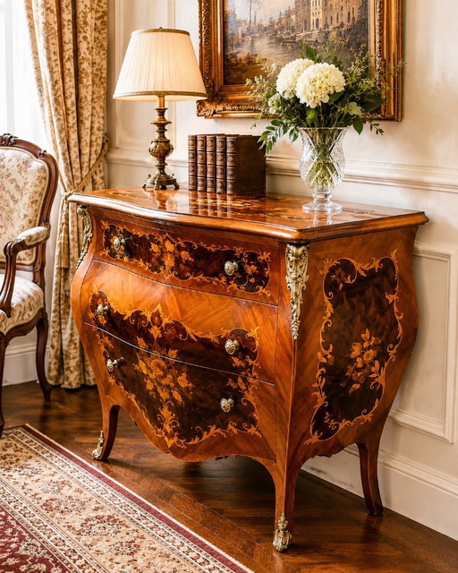 Commode de style Louis XV avec marqueterie et ferrures en bronze. – ladekasten, Wood (photo 2 of 7)