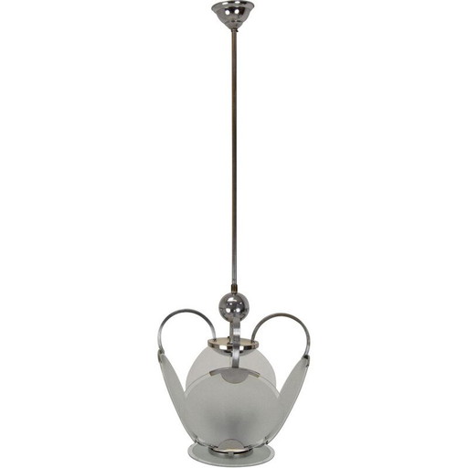 Vintage art deco glass and chrome chandelier, Czechoslovakia 1930