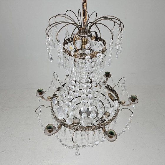 Image 1 of Empire-Style Brass Chandelier — Prism Décor — 7-Light Statement Piece — 20th Century