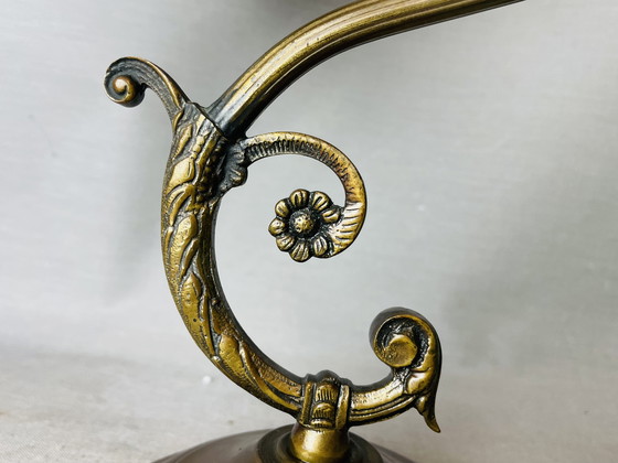 Image 1 of Art Deco Vintage Ornate Brass Table Lamp with Blue Glass Inserts, 1930s
