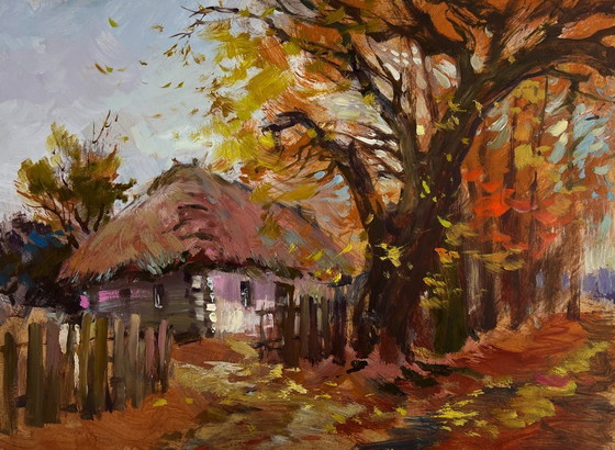 Image 1 of Original Oil Painting Autumn Village Landscape Street in golden leaves