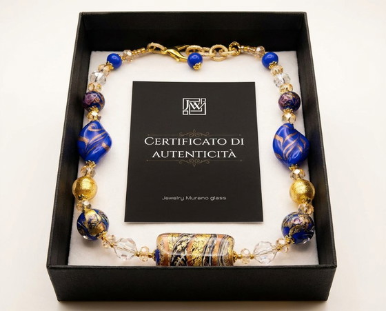 Image 1 of Murano-Glas-Halskette mit Blattgold – Handgefertigte Perlen – Mit Schachtel und Zertifikat – Länge 50 cm