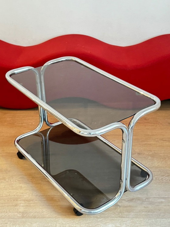 Image 1 of Servierwagen aus Rauchglas und Chrom aus den 1970er Jahren