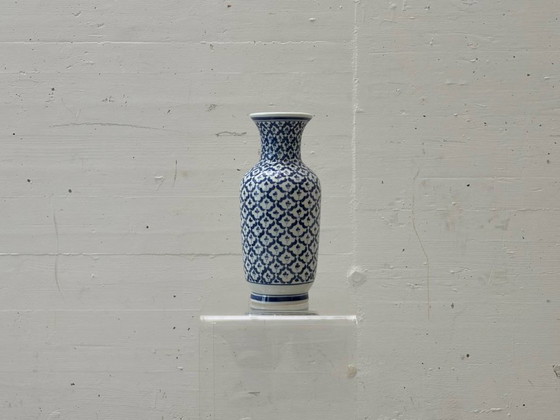 Image 1 of Blue and white porcelain vase with floral lattice decoration, 1970s