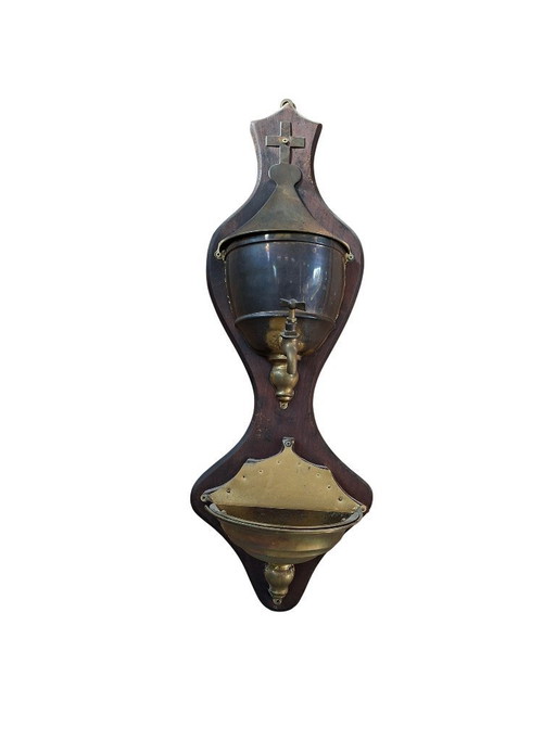 Antique Wall-Mounted Brass and Wood Washbasin with Cross, Early 1900s