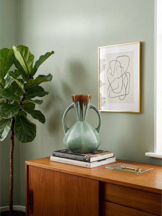 Image 1 of Art Deco vaas – De Bruyn Pottery – Frankrijk – Groen & bruin gegoten glazuur – 19 cm