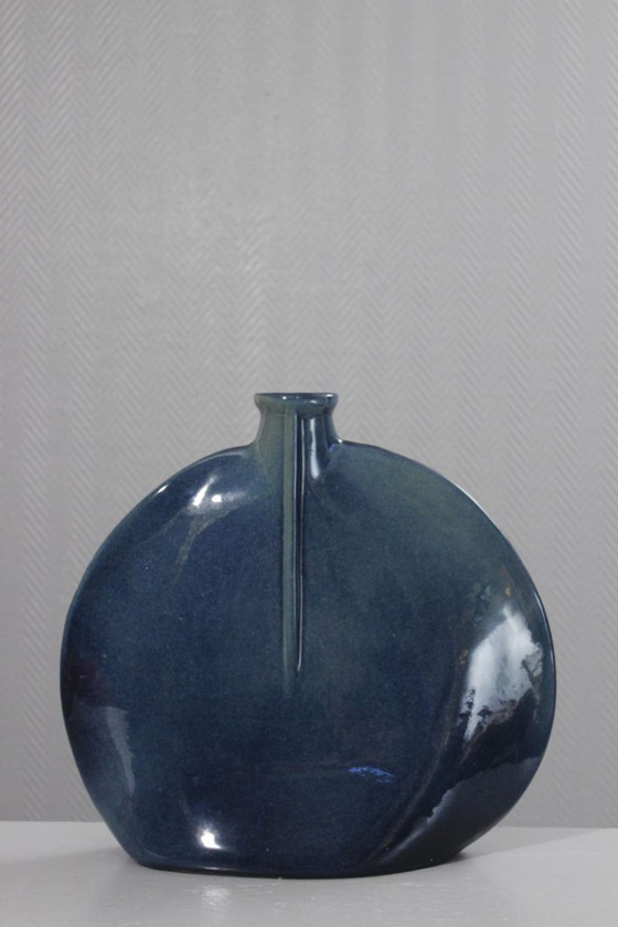 Image 1 of Impressive vintage stoneware lentil vase, modernist design, cobalt blue glaze, 1980s