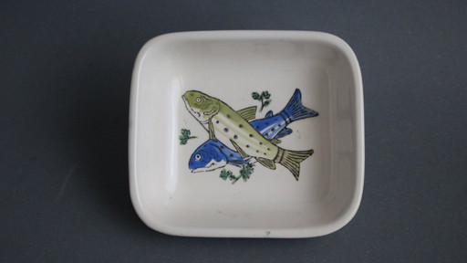 Piccola ciotola vintage in ceramica, dipinta a mano con 2 pesci