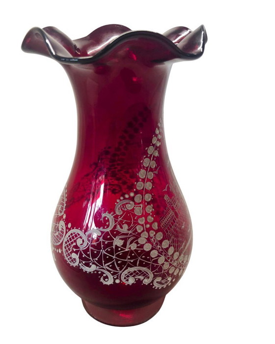 Image 1 of Vintage Bohemian Ruby Red Cut to Clear Glass Vase – Hand Blown Etched City Scene