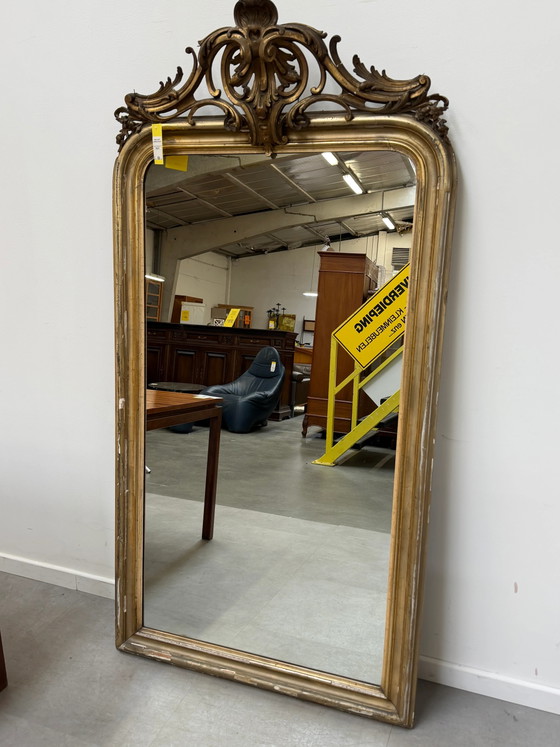 19th-Century Gilt Mirror with Ornate Crest, 192 × 100 cm (photo 5 of 8)
