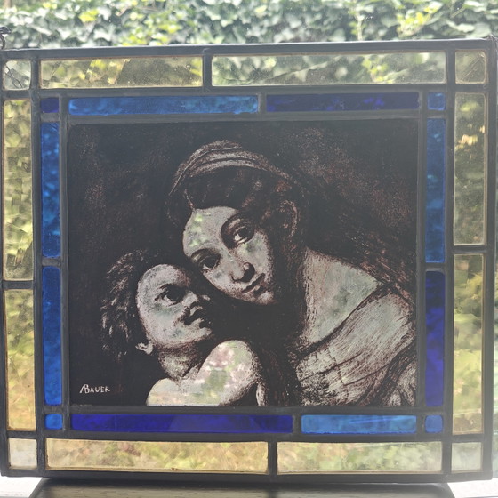 Handgemaakt Glas-in-lood Paneel – Gesigneerd A. Bauer – Moeder Met Kind – Glaskunst (photo 3 of 9)