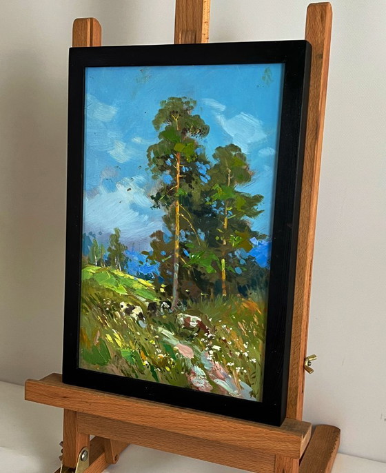 Image 1 of Peinture à l'huile originale, paysage d'été, vaches se promenant dans la nature