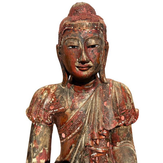 Antique Wooden Buddha Statue from Burma - Large Mandalay Buddha with Mirror Inlay – Sculpture (photo 2 of 18)