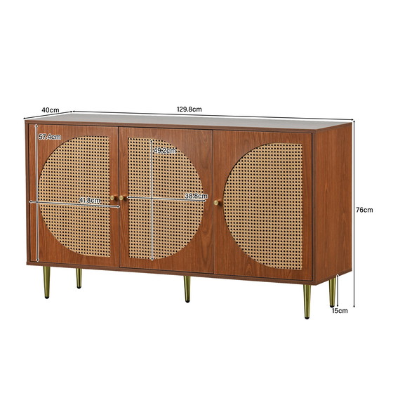 Image 1 of Urban Meuble buffetkast in walnoot look met 3 rotan deuren, handgrepen, gouden pootjes 129.8x40x76cm OMOILL