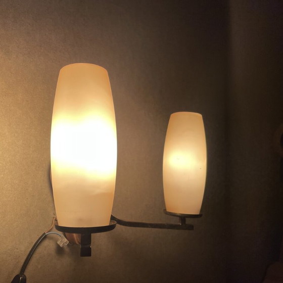 Image 1 of Vintage Mid Century Modern double opaline glass and wood wall sconce