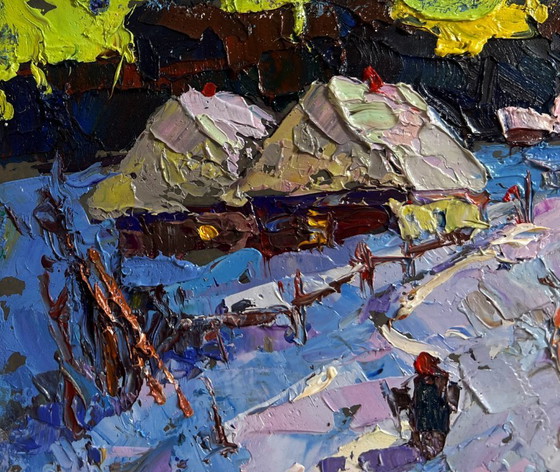 Image 1 of Original Oil Painting Winter Houses Landscape Snowy road in the village