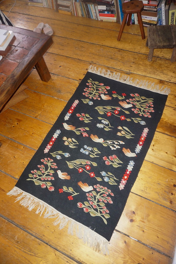 Image 1 of Vintage Oltenian Handwoven Bessarabian Kilim Rug with Birds, Tulips, and Flowers - Romanian Floral Woolen Wall Tapestry