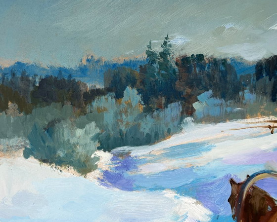 Image 1 of Original Oil Painting Winter Field Landscape Returning home on a winter evening