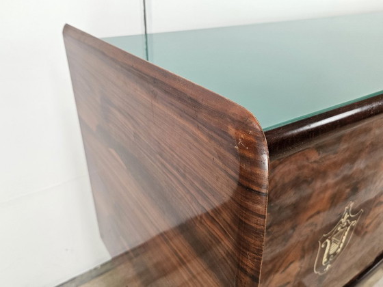 Image 1 of Mid-Century Mahogany Sideboard with Teal Glass and Compartments with Drawers, 1950