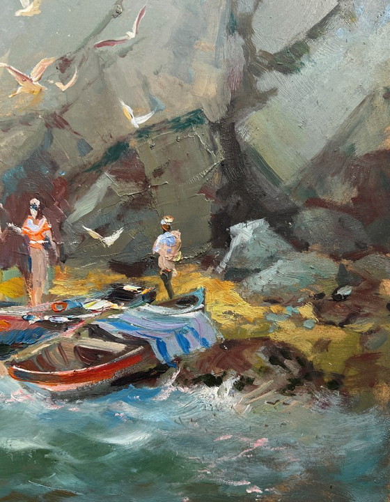 Image 1 of Pintura al óleo original Paisaje rocoso costero Susurro de las olas del mar