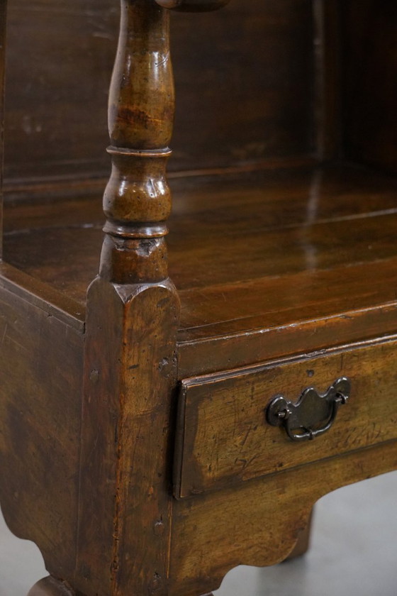 Image 1 of Antique English hooded lambing chair from the 18th century with a hood shape and a drawer
