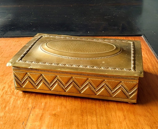Antique brass cigar box with wooden interior, Art Nouveau/Art Deco.