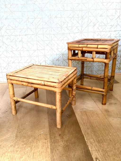 Set of 2 rattan side tables from the mid-20th century