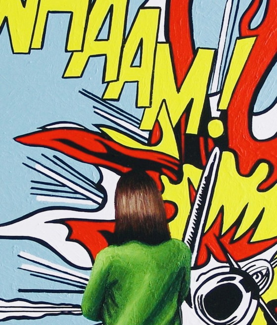 Image 1 of Gerard Boersma : Whaam ! (tableau représentant une femme admirant un tableau de Roy Lichtenstein). Pièce unique, encadrée, avec 