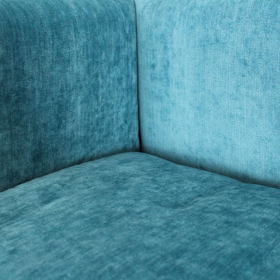 Image 1 of Cornaro two-seater sofa in iroko wood and blue velvet by Carlo Scarpa for Studio Simon, Italy, 1974