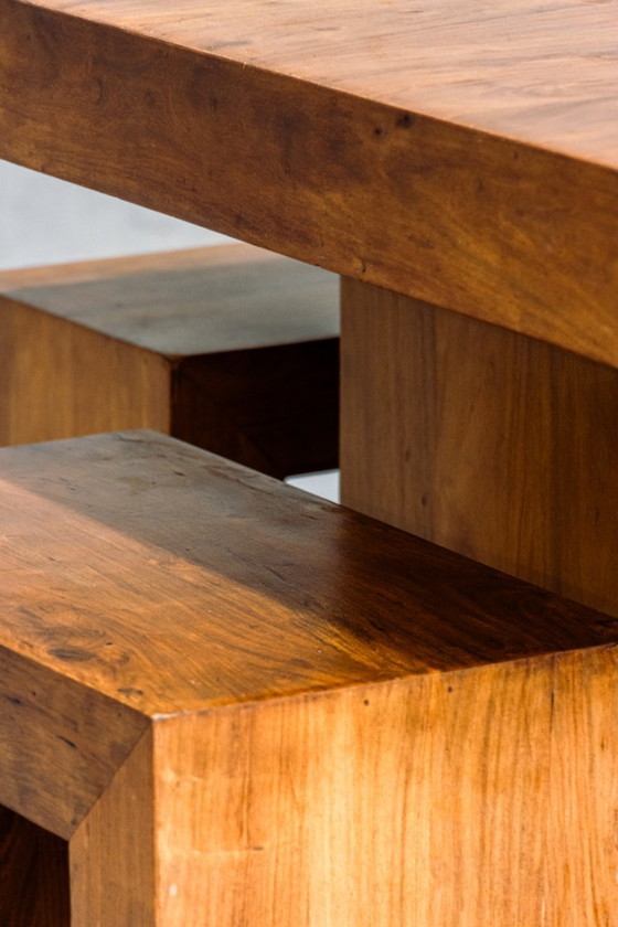 Image 1 of Cubist 1980s dining set table + 4 stools solid wood